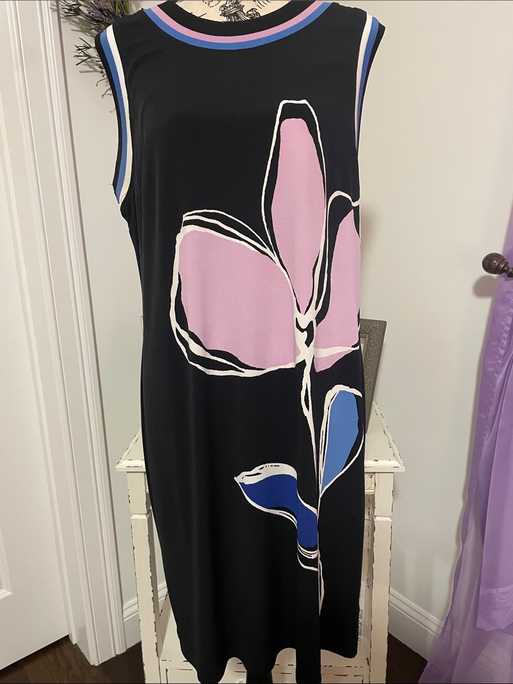 Worthington Black Midi Dress with Pink & Blue Floral Motif